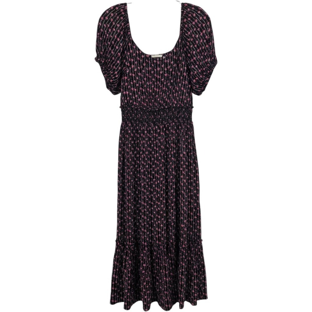 Dex Maxi Dress 1X Black Pink Floral Puff Sleeve Smocked Boho Whimsygoth
